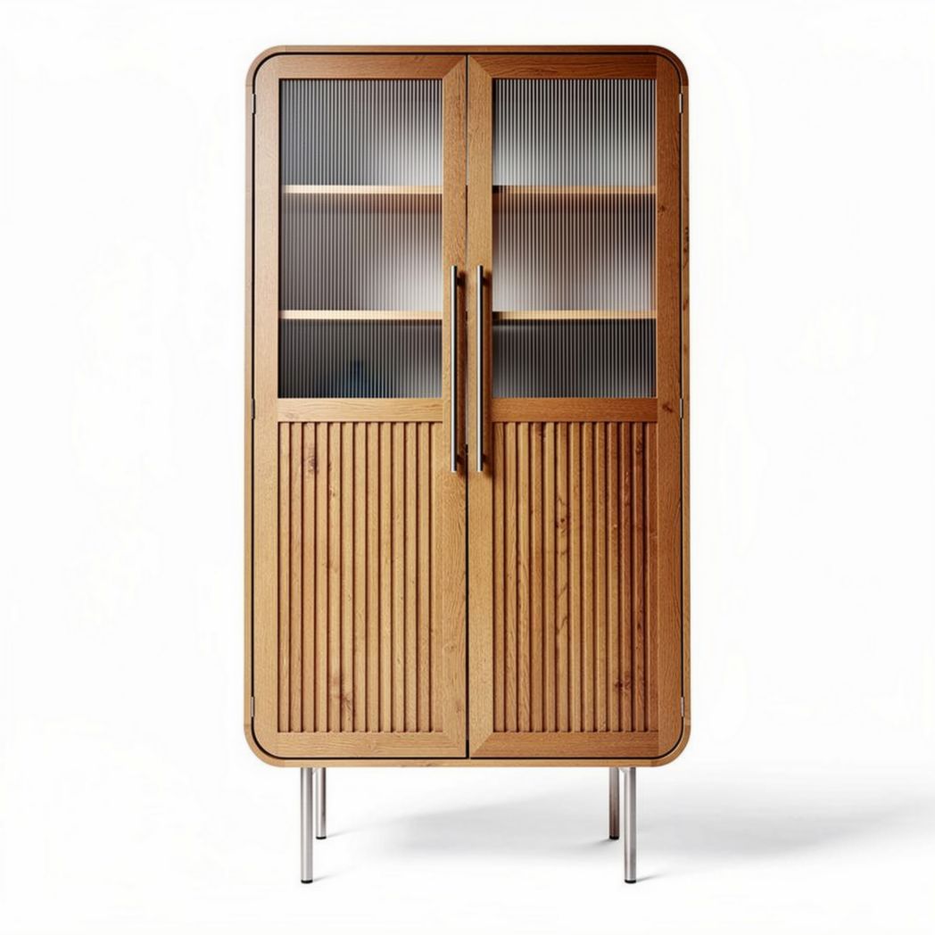 Mobile contenitore in legno con ante in vetro per soggiorno – 80 x 40 x 180 cm